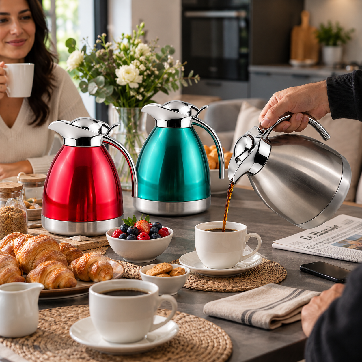 Royal Swiss® Carafe Isotherme Thermos en Inox – 1L, 1,5L ou 2L – Double Paroi – Chaud & Froid – Gris, Rouge ou Vert – Image 3