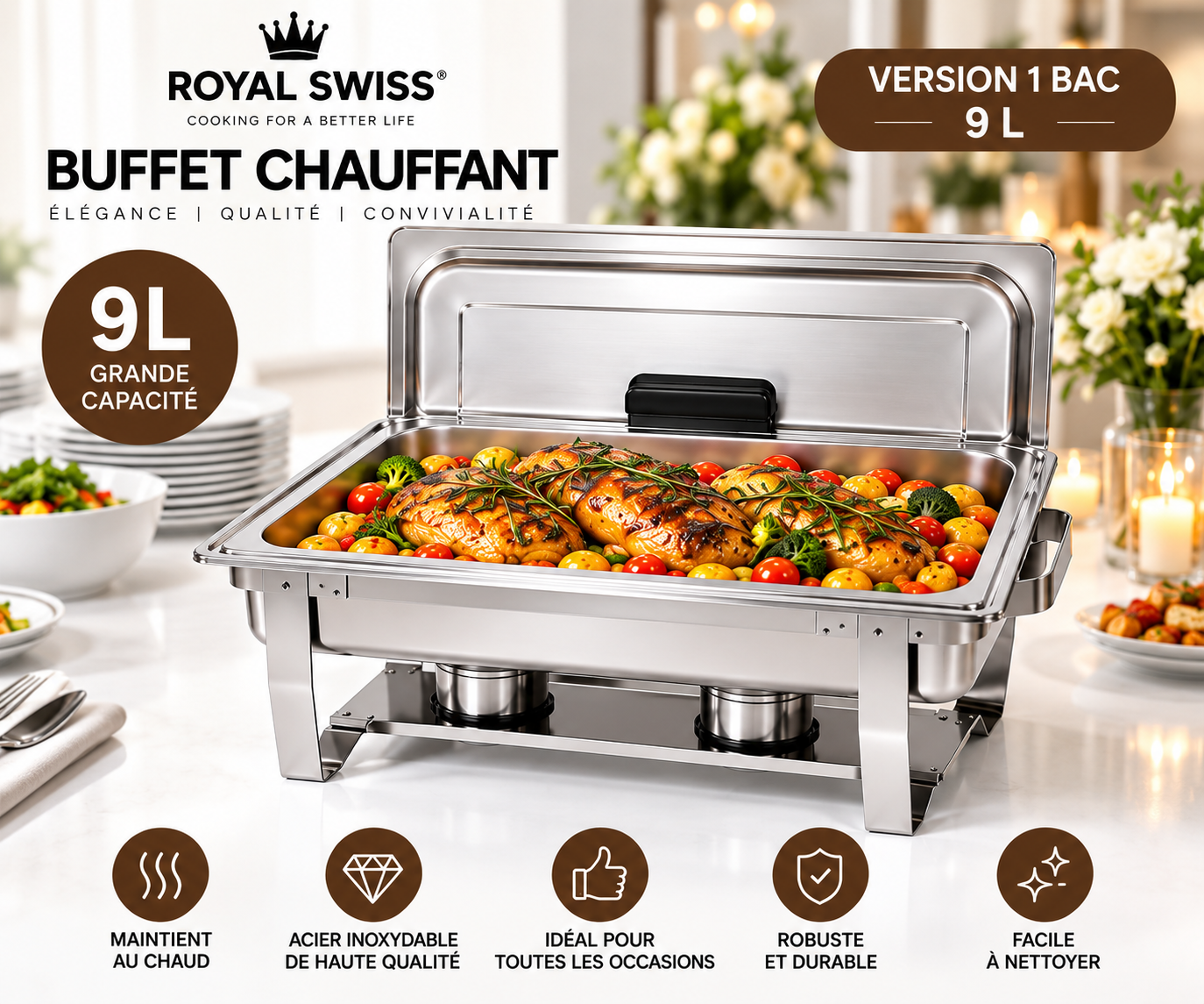 Royal Swiss® Buffet Chauffant 9L en Acier Inoxydable – Chafing Dish – 1 Bac 9L ou 3 Bacs 3L – Maintien au Chaud – Buffet & Traiteur – Image 3