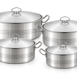 Royal Swiss® Set de 4 Marmites Larges Shallow en Inox 18/10 – 8 Pièces – 10 L, 12,5 L, 17 L & 22,5 L – Ø 30/32/36/40 cm – Induction & Tous Fe