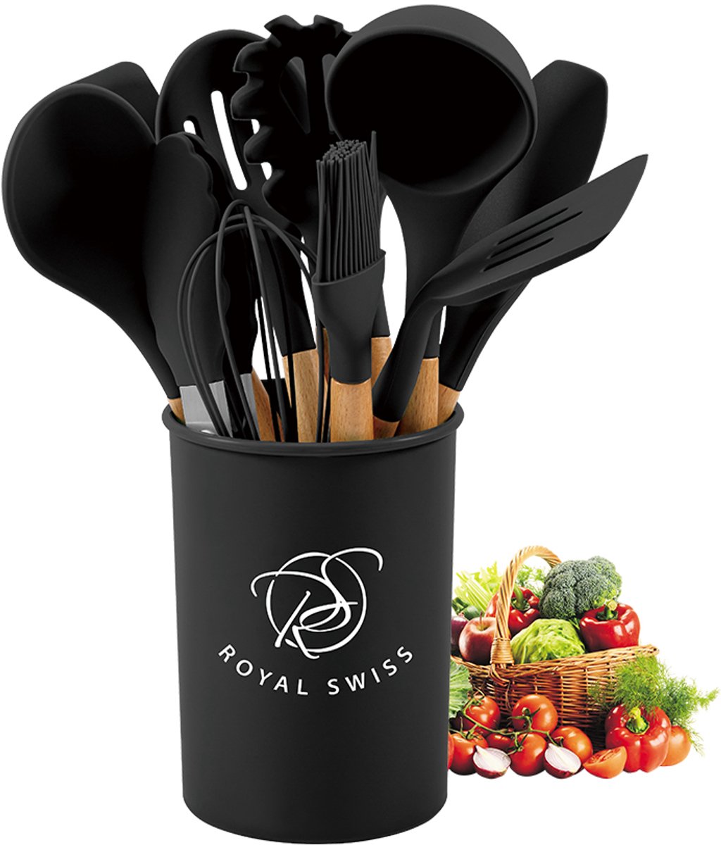 Royal Swiss® Set de 12 Ustensiles de Cuisine en Silicone avec Manches en Bois – Support Inclus – Résistant jusqu’à 210°C – Gris ou Noir – Image 3