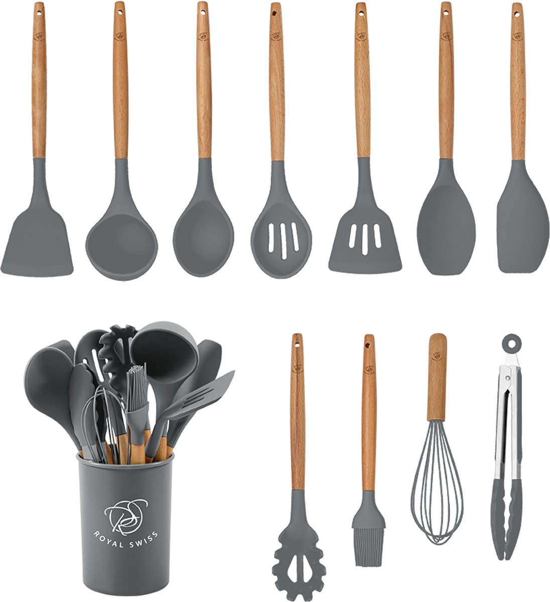 Royal Swiss® Set de 12 Ustensiles de Cuisine en Silicone avec Manches en Bois – Support Inclus – Résistant jusqu’à 210°C – Gris ou Noir – Image 4
