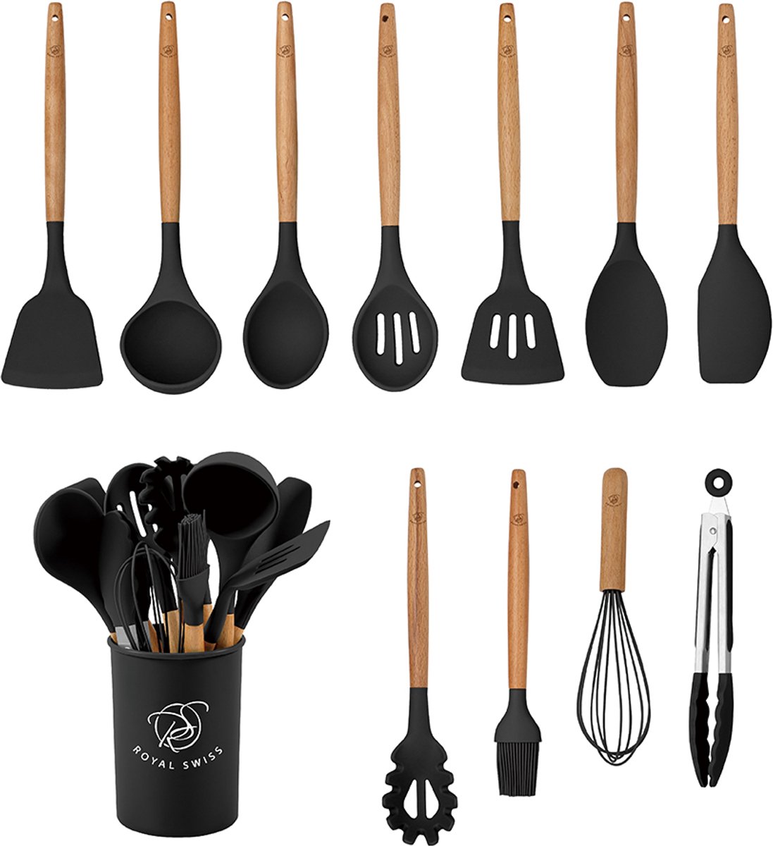 Royal Swiss® Set de 12 Ustensiles de Cuisine en Silicone avec Manches en Bois – Support Inclus – Résistant jusqu’à 210°C – Gris ou Noir – Image 5