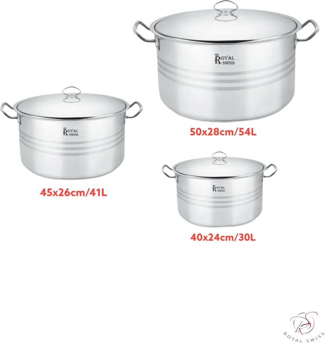 Royal Swiss® Set de 3 Marmites Profondes XXL en Inox – Deep Stock Pot – 30 L, 41 L & 54 L – Ø 40/45/50 cm – 6 Pièces – Tous Feux – Image 8