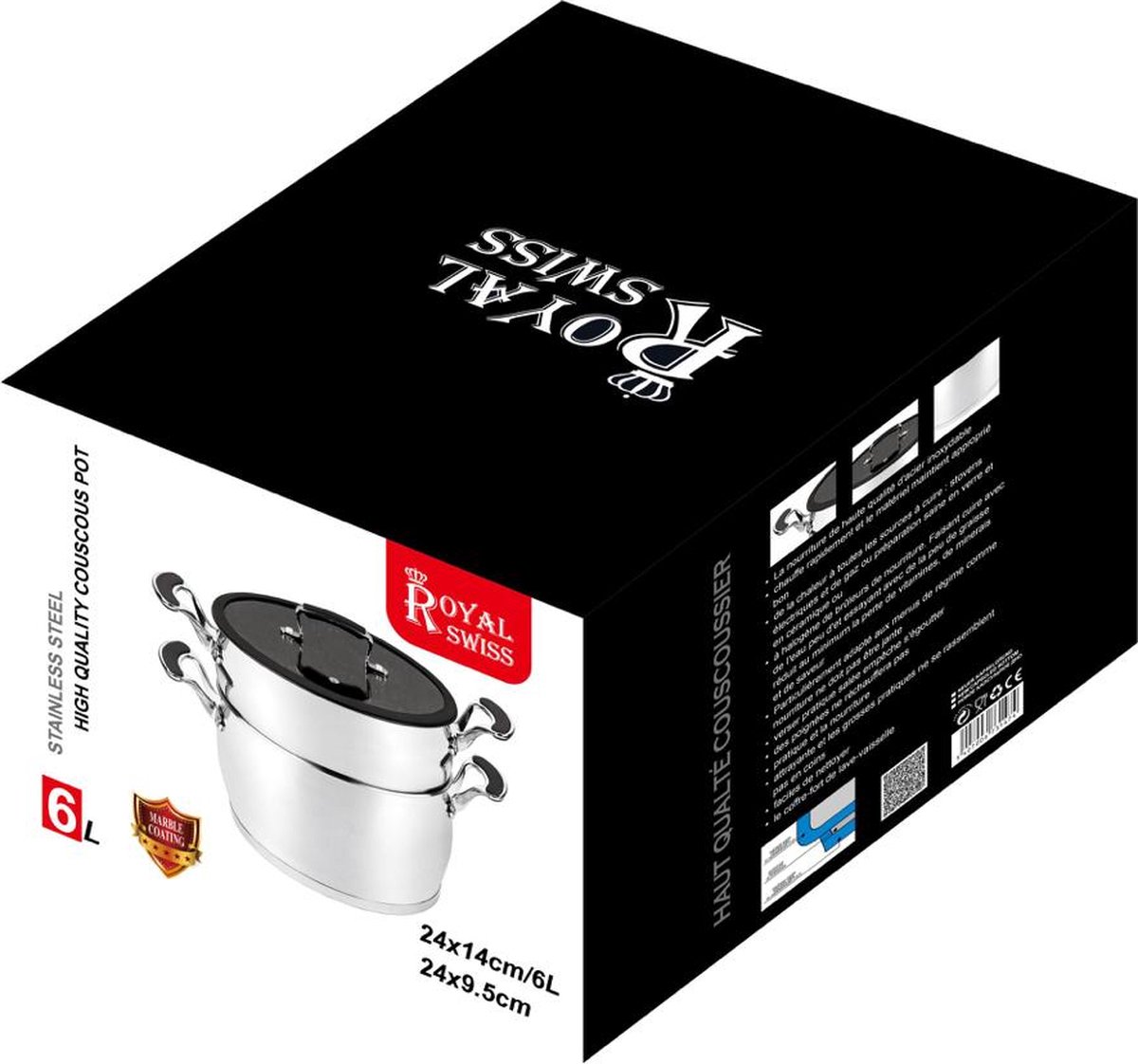 Royal Swiss® Couscoussier en Inox 6L ou 12L – Ø24/28 cm – Revêtement Antiadhésif Effet Pierre – Panier Vapeur & Couvercle en Verre – Image 9