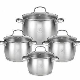 Royal Swiss® Batterie de Cuisine 8 Pièces en Inox – 4 Casseroles avec Couvercles en Verre – Induction & Tous Feux – Ø 16, 20, 24 et 28 cm