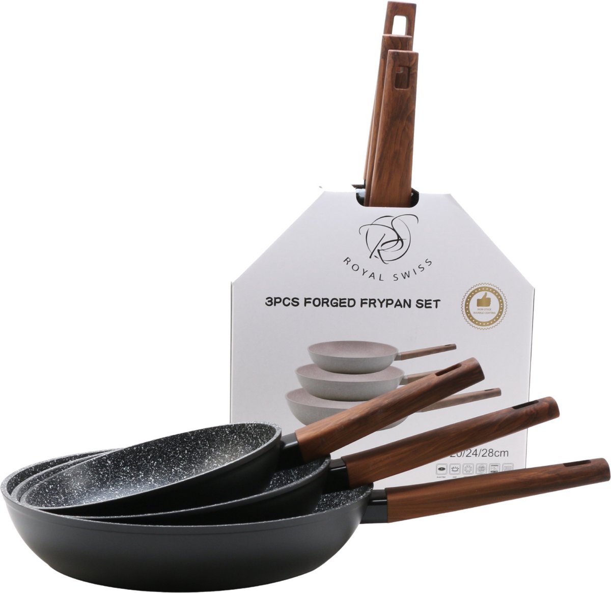 Royal Swiss® – Set de 3 poêles Ø20, 24 & 28 cm – Tous feux dont induction – Sans PFAS – Beige & Noir – Image 12