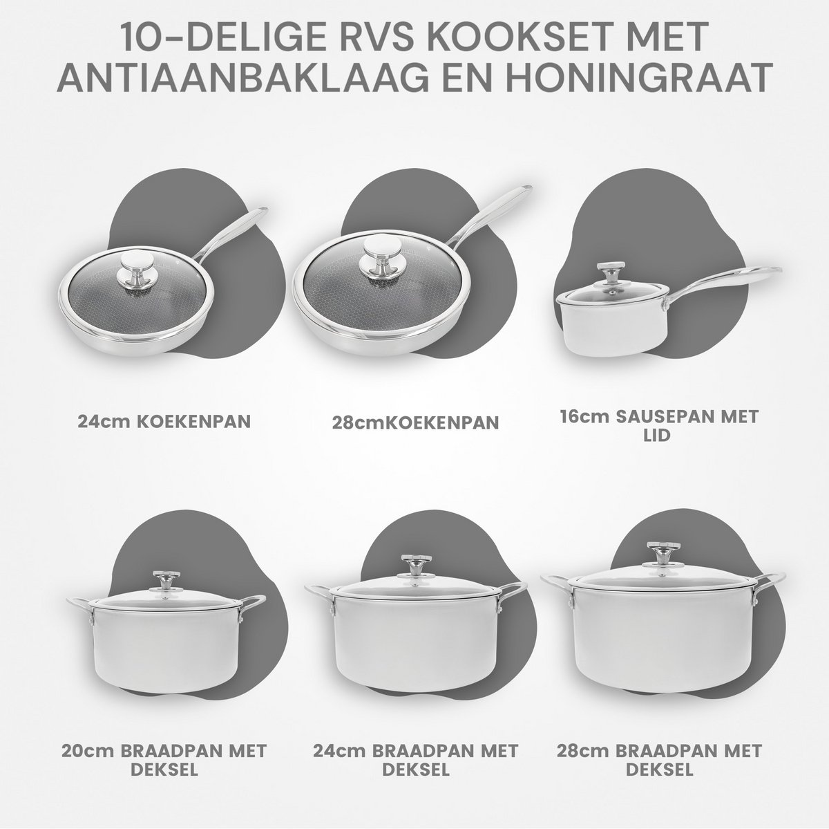 Royal Swiss® Batterie de Cuisine 10 Pièces – Set de Casseroles et Poêles à Induction – Inox Nid d’Abeille – Antiadhésif – Poignées Froides – Image 4