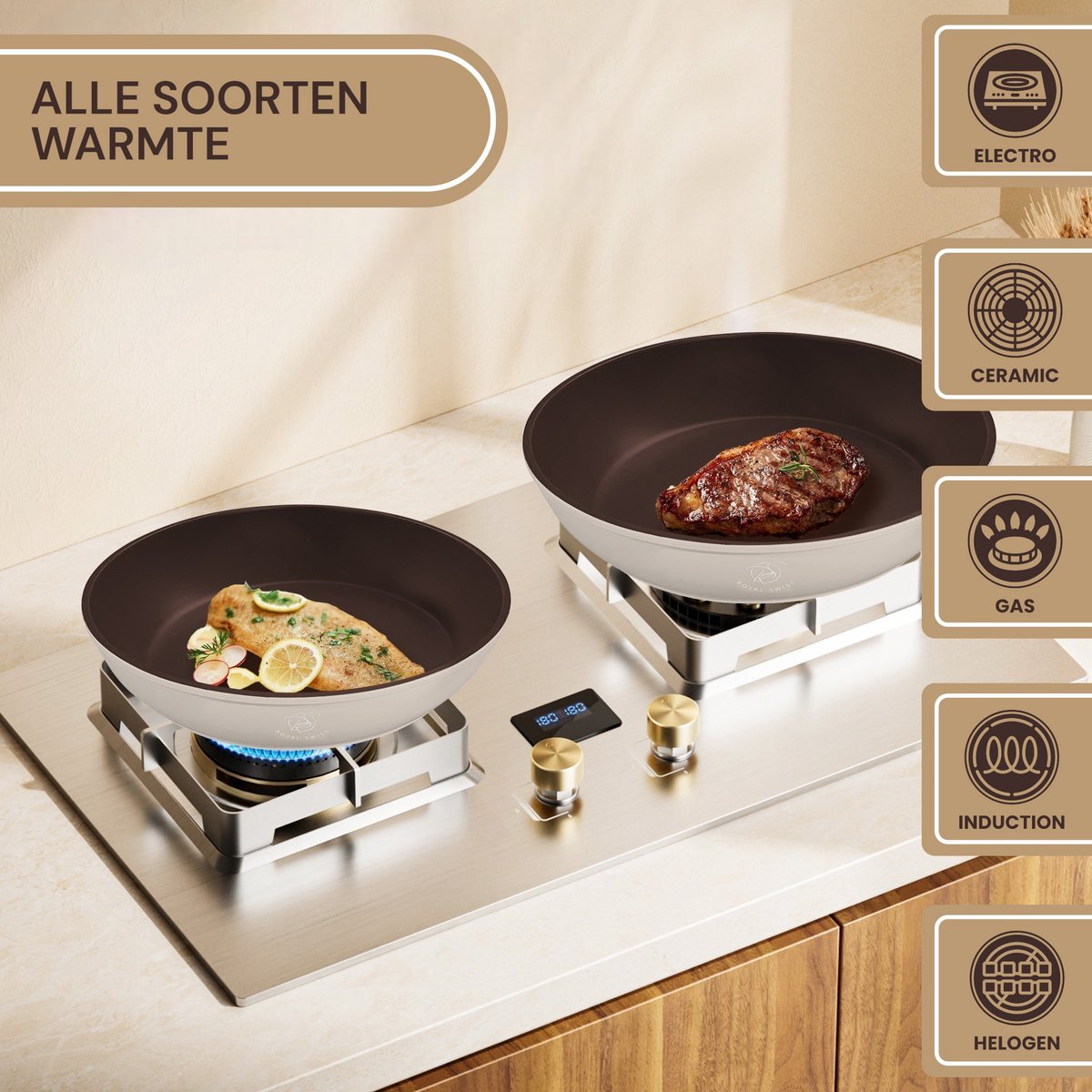 Royal Swiss® – Set de 3 poêles à poignée amovible Ø20, 24 & 28 cm – Antiadhésif – Sans PFOA – Induction – Noir & Beige – Image 18