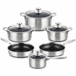Royal Swiss® Batterie de Cuisine 10 Pièces – Set de Casseroles et Poêles à Induction – Inox Nid d’Abeille – Antiadhésif – Poignées Froides