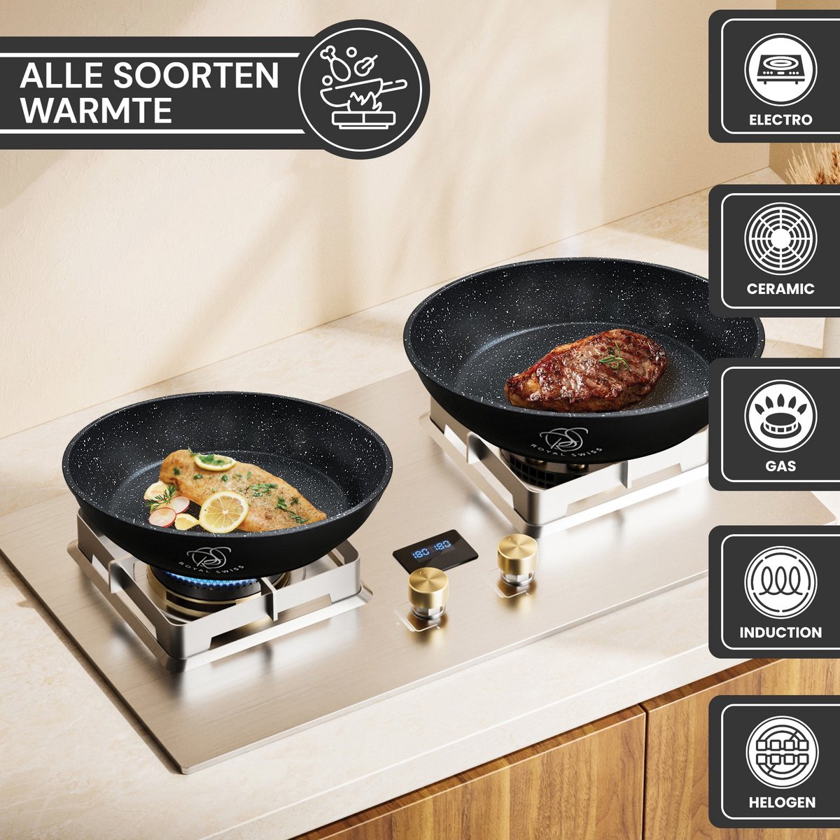 Royal Swiss® – Set de 3 poêles à poignée amovible Ø20, 24 & 28 cm – Antiadhésif – Sans PFOA – Induction – Noir & Beige – Image 10