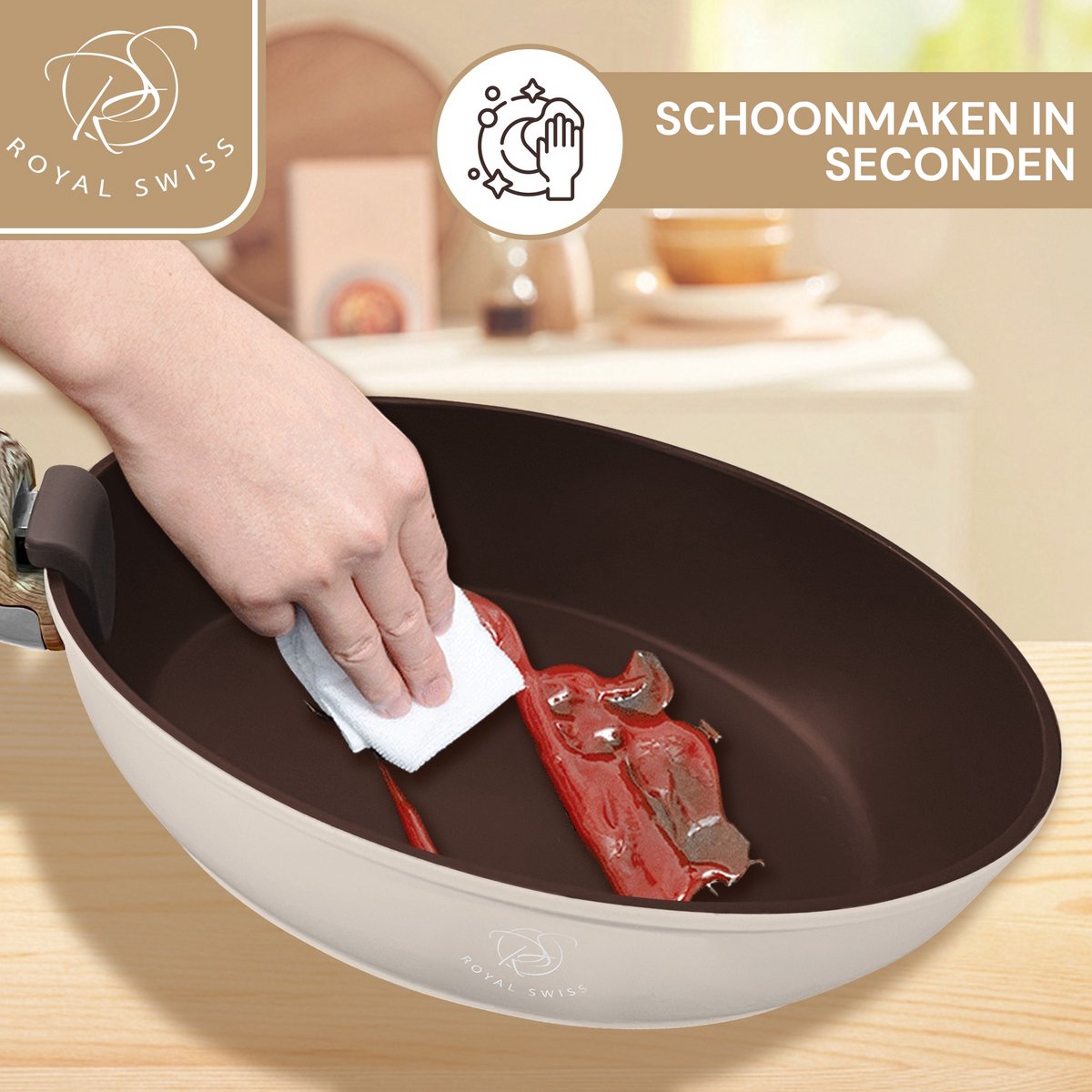 Royal Swiss® – Set de 3 poêles à poignée amovible Ø20, 24 & 28 cm – Antiadhésif – Sans PFOA – Induction – Noir & Beige – Image 20