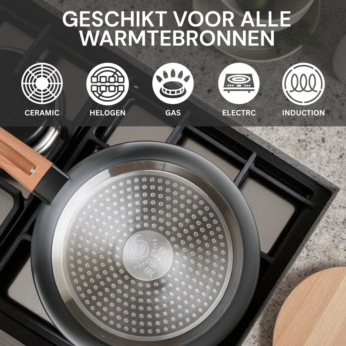 Royal Swiss® – Set de 3 poêles Ø20, 24 & 28 cm – Tous feux dont induction – Sans PFAS – Beige & Noir – Image 17