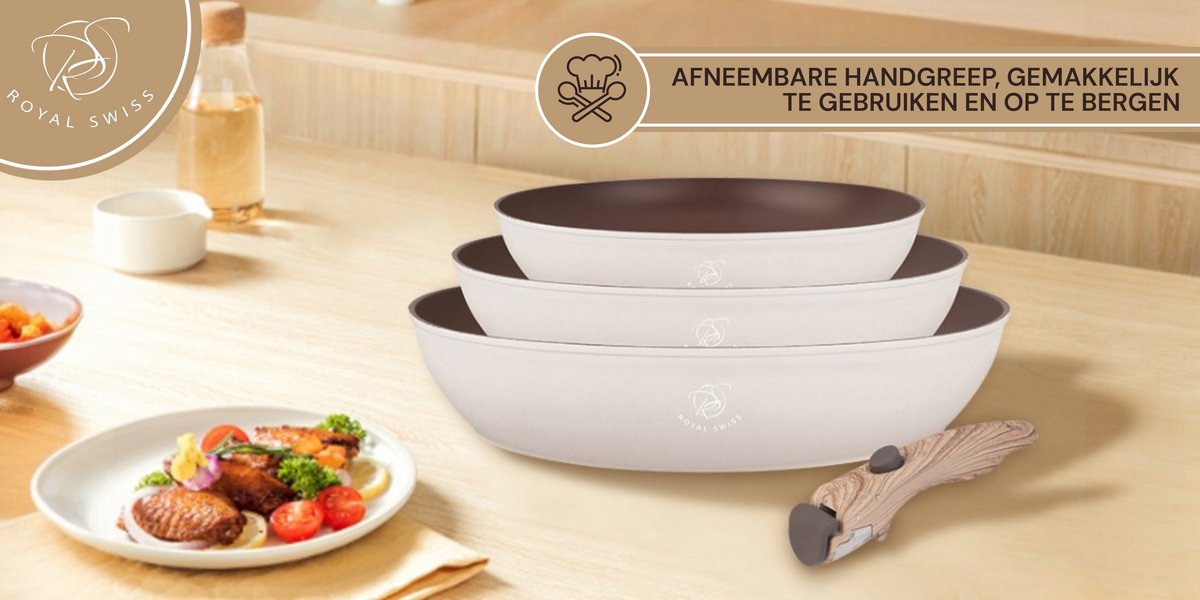 Royal Swiss® – Set de 3 poêles à poignée amovible Ø20, 24 & 28 cm – Antiadhésif – Sans PFOA – Induction – Noir & Beige – Image 14