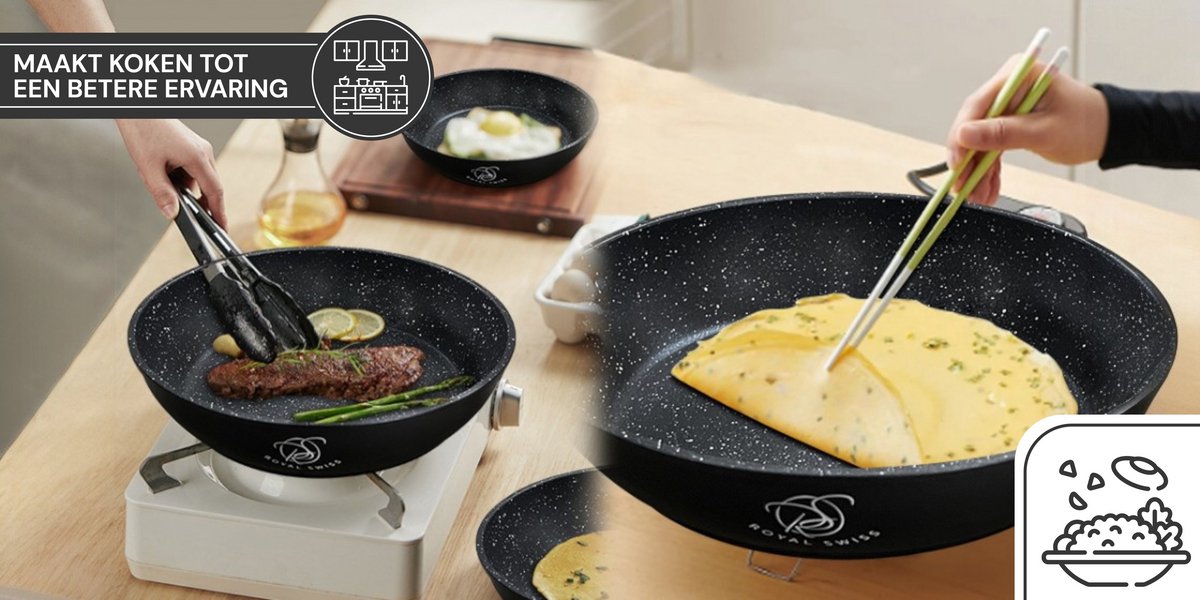 Royal Swiss® – Set de 3 poêles à poignée amovible Ø20, 24 & 28 cm – Antiadhésif – Sans PFOA – Induction – Noir & Beige – Image 6