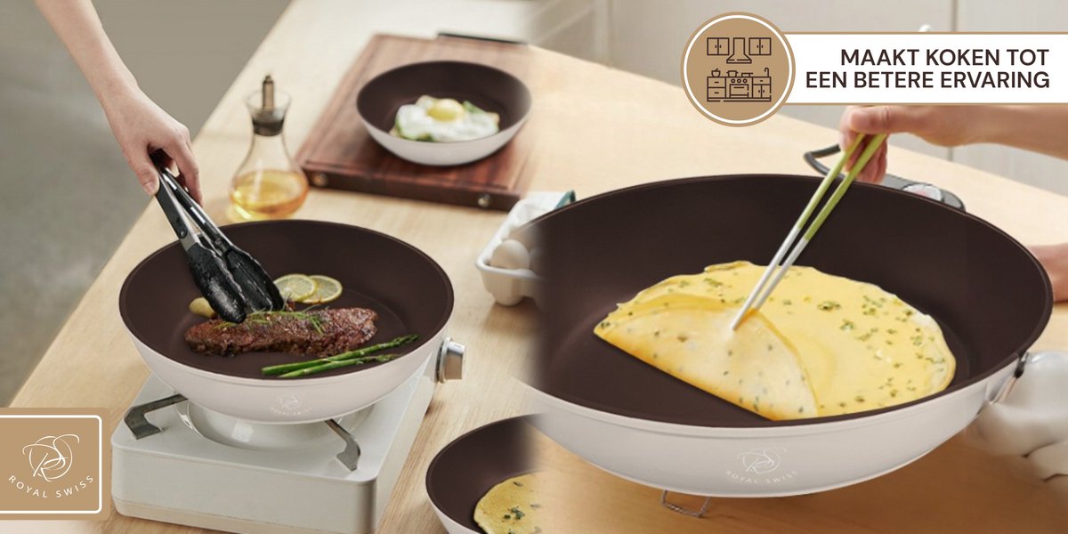 Royal Swiss® – Set de 3 poêles à poignée amovible Ø20, 24 & 28 cm – Antiadhésif – Sans PFOA – Induction – Noir & Beige – Image 16