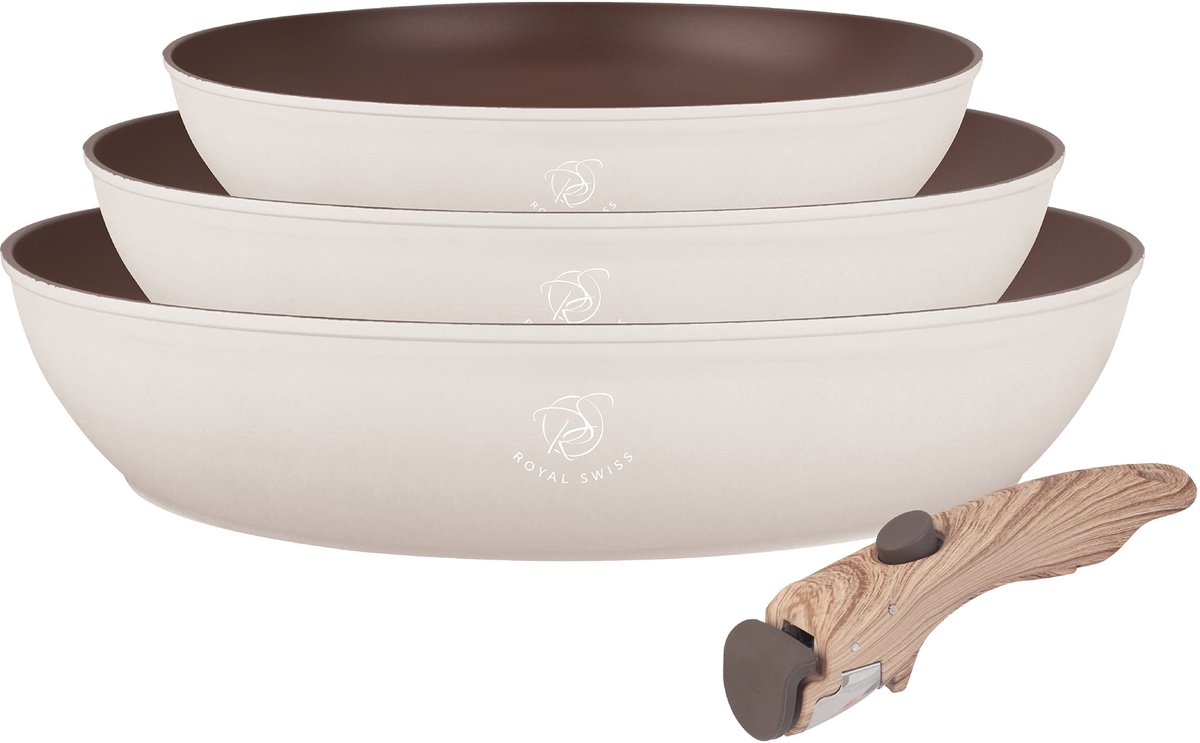 Royal Swiss® – Set de 3 poêles à poignée amovible Ø20, 24 & 28 cm – Antiadhésif – Sans PFOA – Induction – Noir & Beige – Image 17