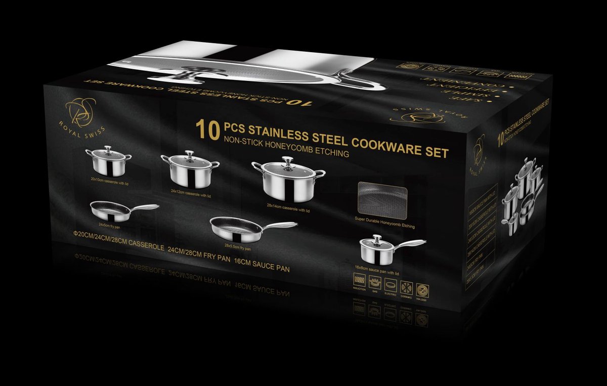 Royal Swiss® Batterie de Cuisine 10 Pièces – Set de Casseroles et Poêles à Induction – Inox Nid d’Abeille – Antiadhésif – Poignées Froides – Image 3