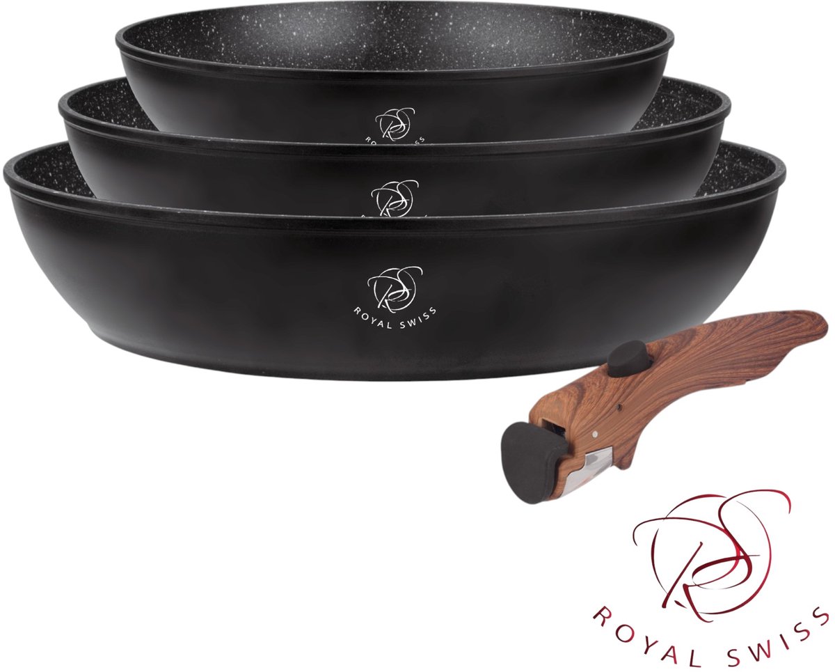 Royal Swiss® – Set de 3 poêles à poignée amovible Ø20, 24 & 28 cm – Antiadhésif – Sans PFOA – Induction – Noir & Beige – Image 9
