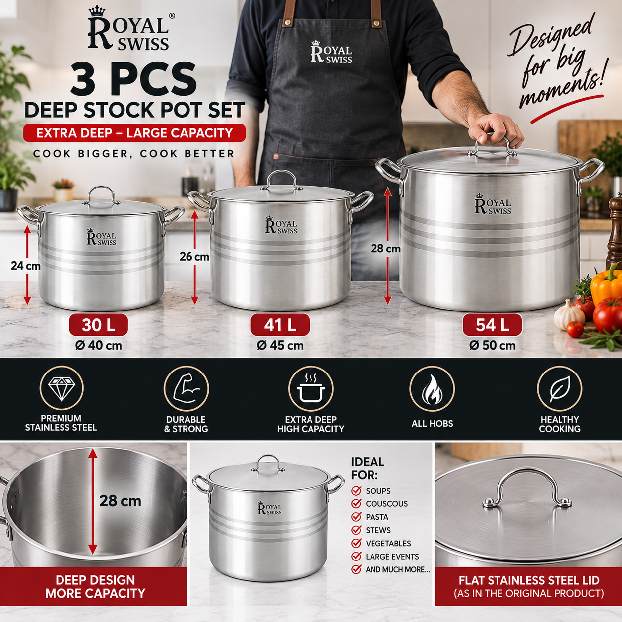 Royal Swiss® Set de 3 Marmites Profondes XXL en Inox – Deep Stock Pot – 30 L, 41 L & 54 L – Ø 40/45/50 cm – 6 Pièces – Tous Feux – Image 7