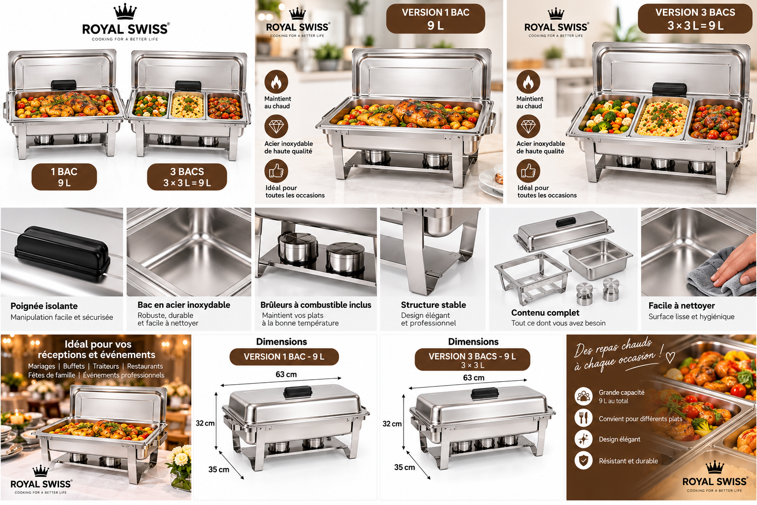 Royal Swiss® Buffet Chauffant 9L en Acier Inoxydable – Chafing Dish – 1 Bac 9L ou 3 Bacs 3L – Maintien au Chaud – Buffet & Traiteur – Image 6