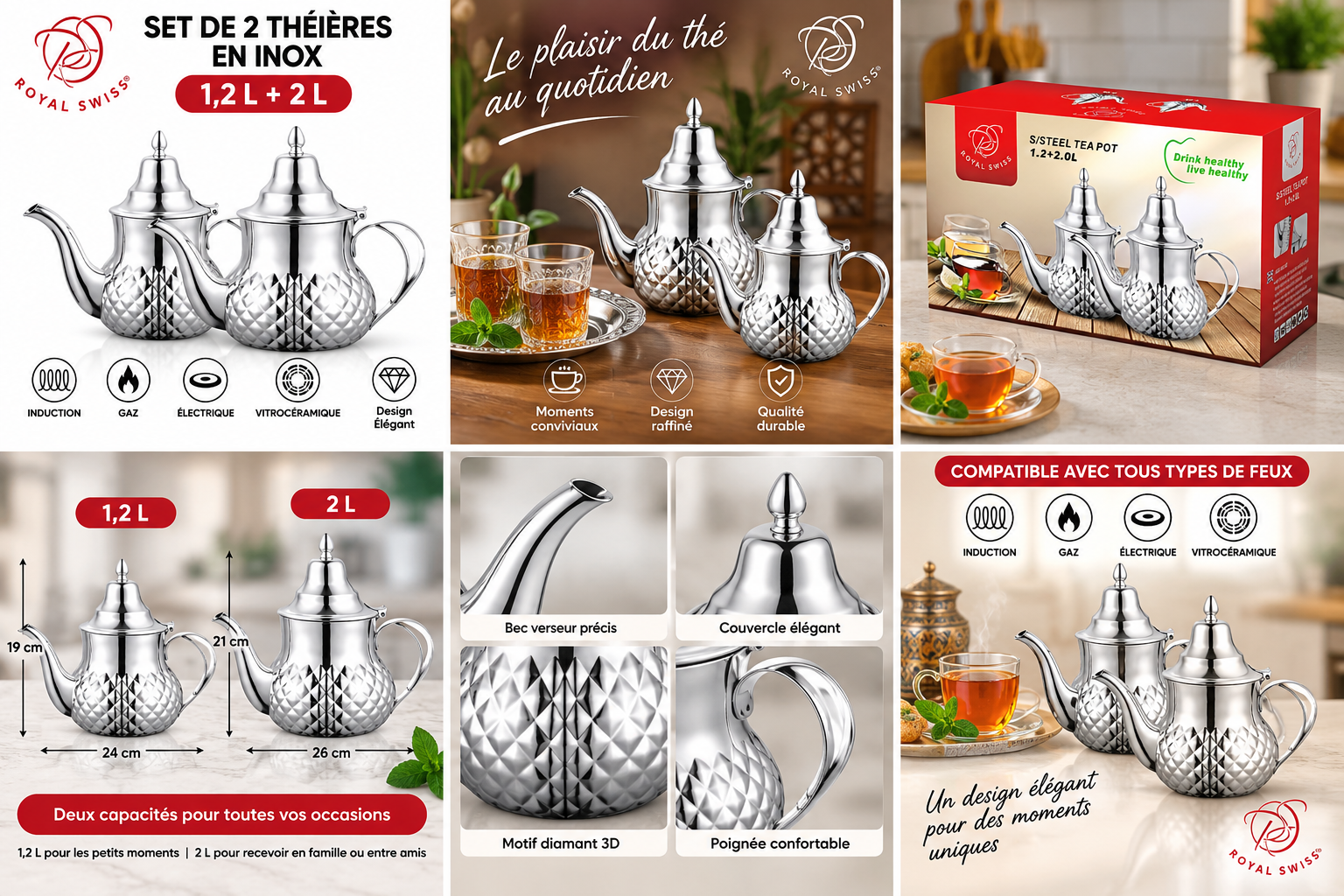 Royal Swiss® Set de 2 Théières en Inox – 1,2L + 2L – Motif Diamant 3D – Tous Feux dont Induction – Image 3