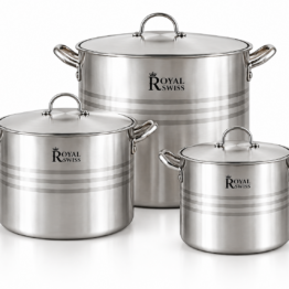 Royal Swiss® Set de 3 Marmites Profondes XXL en Inox – Deep Stock Pot – 30 L, 41 L & 54 L – Ø 40/45/50 cm – 6 Pièces – Tous Feux