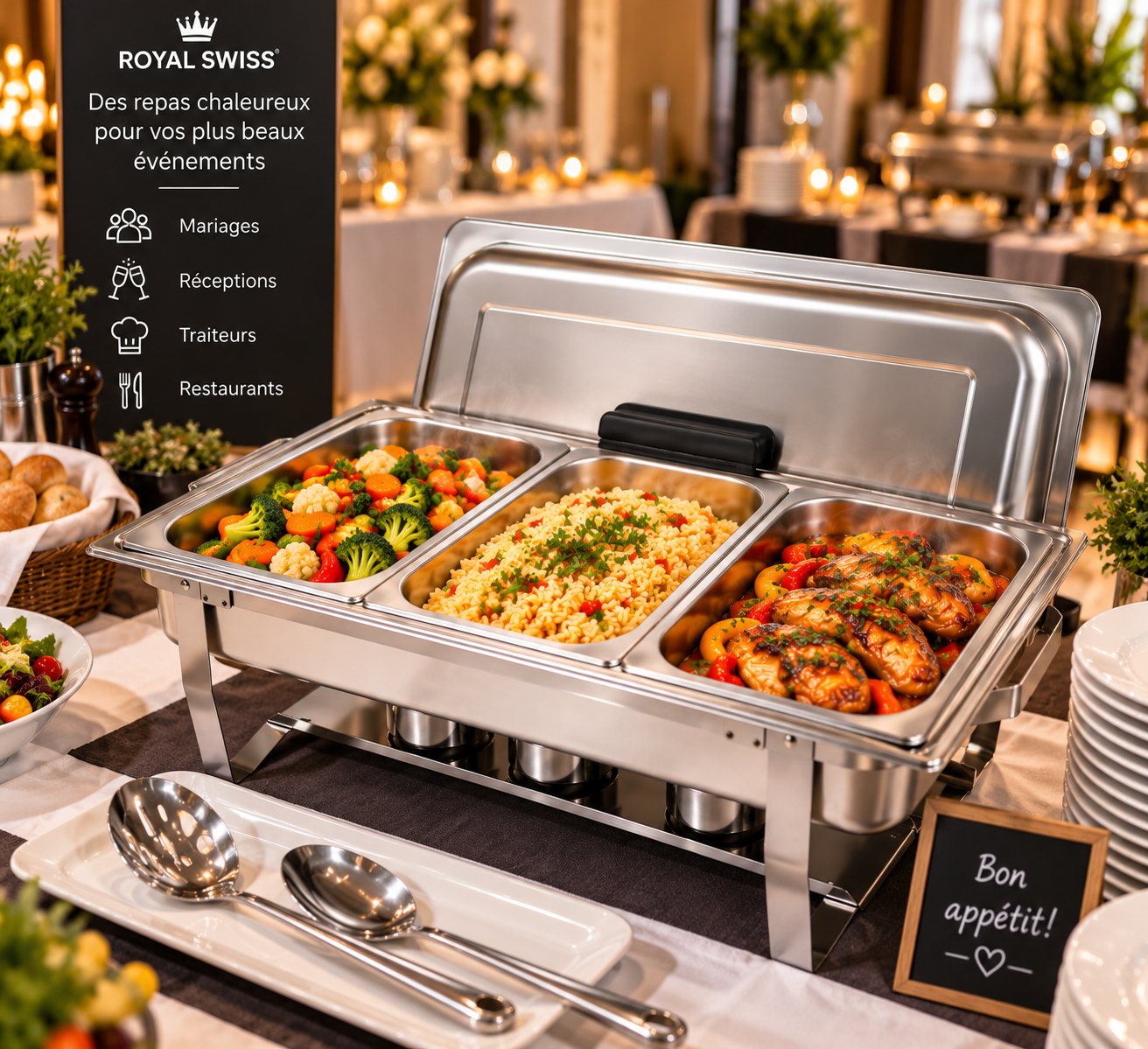 Royal Swiss® Buffet Chauffant 9L en Acier Inoxydable – Chafing Dish – 1 Bac 9L ou 3 Bacs 3L – Maintien au Chaud – Buffet & Traiteur – Image 7