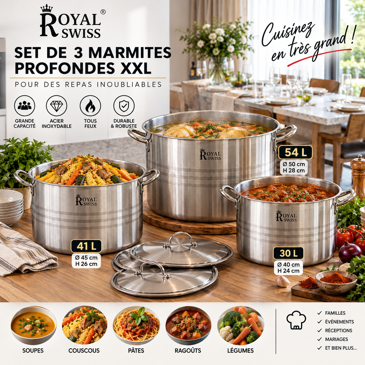 Royal Swiss® Set de 3 Marmites Profondes XXL en Inox – Deep Stock Pot – 30 L, 41 L & 54 L – Ø 40/45/50 cm – 6 Pièces – Tous Feux – Image 6