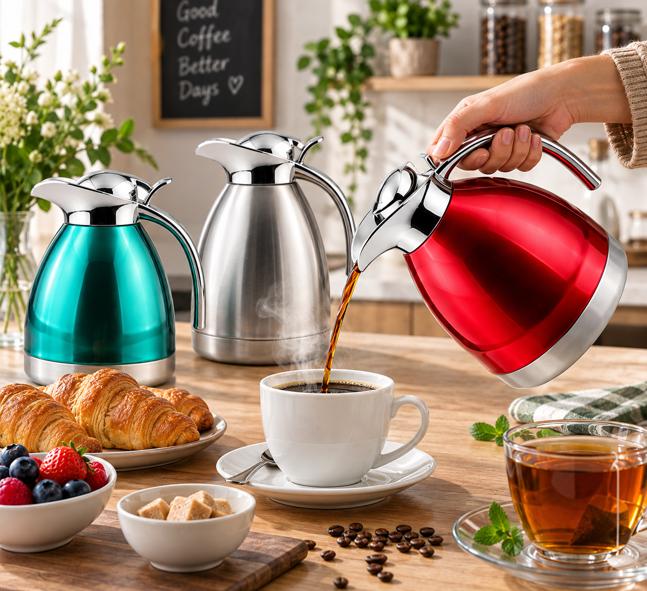 Royal Swiss® Carafe Isotherme Thermos en Inox – 1L, 1,5L ou 2L – Double Paroi – Chaud & Froid – Gris, Rouge ou Vert – Image 4