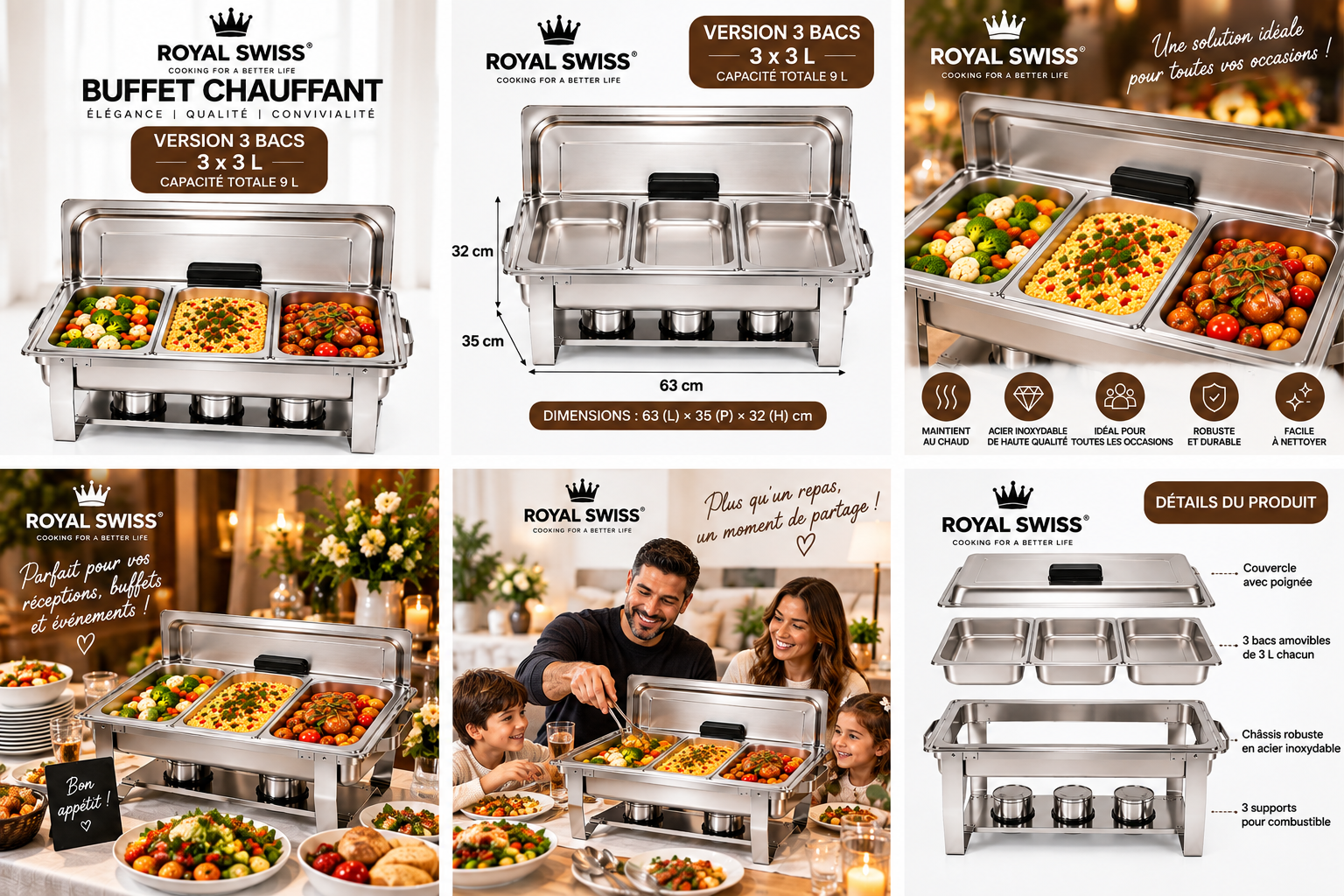 Royal Swiss® Buffet Chauffant 9L en Acier Inoxydable – Chafing Dish – 1 Bac 9L ou 3 Bacs 3L – Maintien au Chaud – Buffet & Traiteur – Image 4