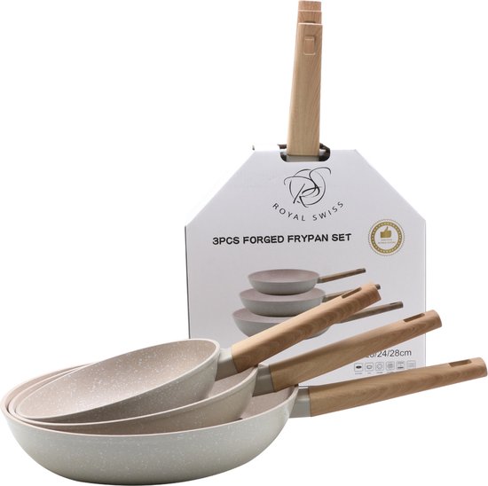 Royal Swiss® – Set de 3 poêles Ø20, 24 & 28 cm – Tous feux dont induction – Sans PFAS – Beige & Noir – Image 11