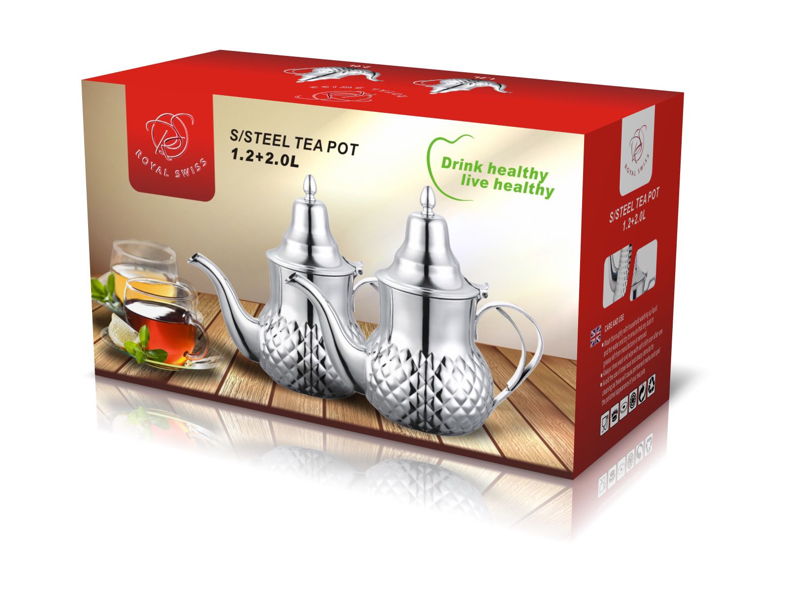 Royal Swiss® Set de 2 Théières en Inox – 1,2L + 2L – Motif Diamant 3D – Tous Feux dont Induction – Image 6