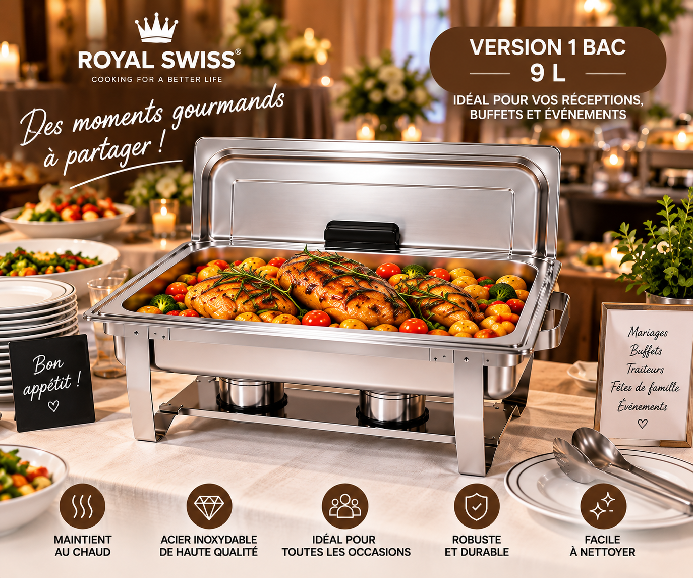 Royal Swiss® Buffet Chauffant 9L en Acier Inoxydable – Chafing Dish – 1 Bac 9L ou 3 Bacs 3L – Maintien au Chaud – Buffet & Traiteur – Image 8