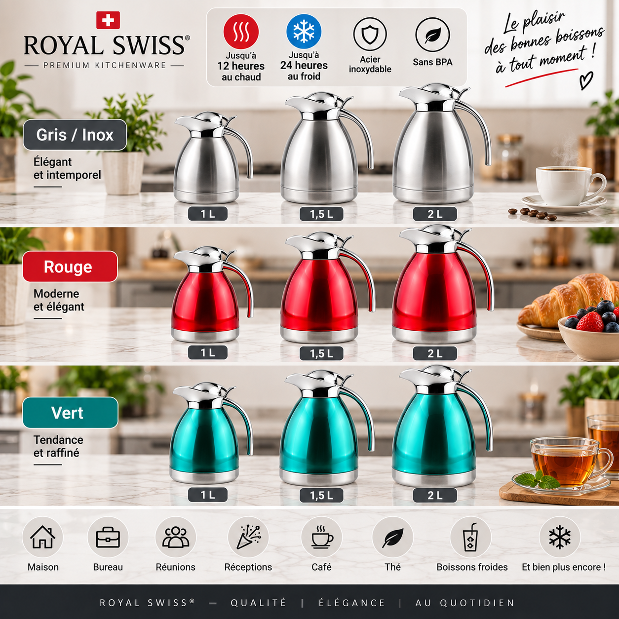 Royal Swiss® Carafe Isotherme Thermos en Inox – 1L, 1,5L ou 2L – Double Paroi – Chaud & Froid – Gris, Rouge ou Vert – Image 6
