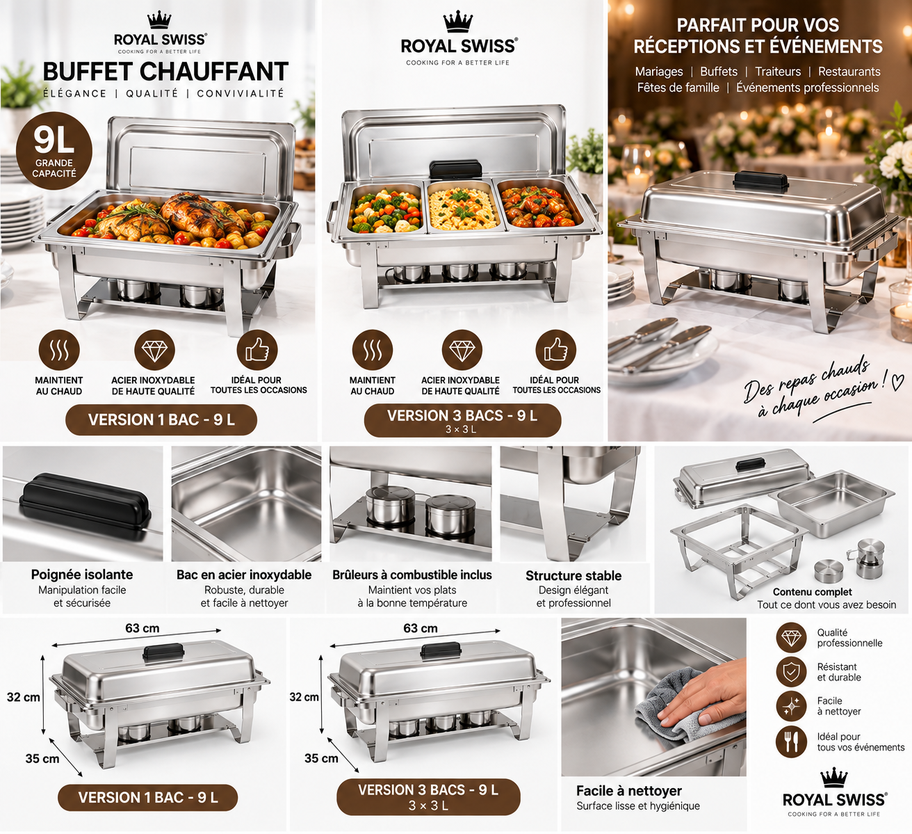 Royal Swiss® Buffet Chauffant 9L en Acier Inoxydable – Chafing Dish – 1 Bac 9L ou 3 Bacs 3L – Maintien au Chaud – Buffet & Traiteur – Image 9