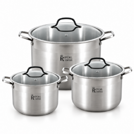 Royal Swiss® Set de 3 Grandes Marmites XXL en Inox – 16 L, 19 L & 22,5 L – Ø 30/32/34 cm – Couvercles Inclus – Induction & Tous Feux