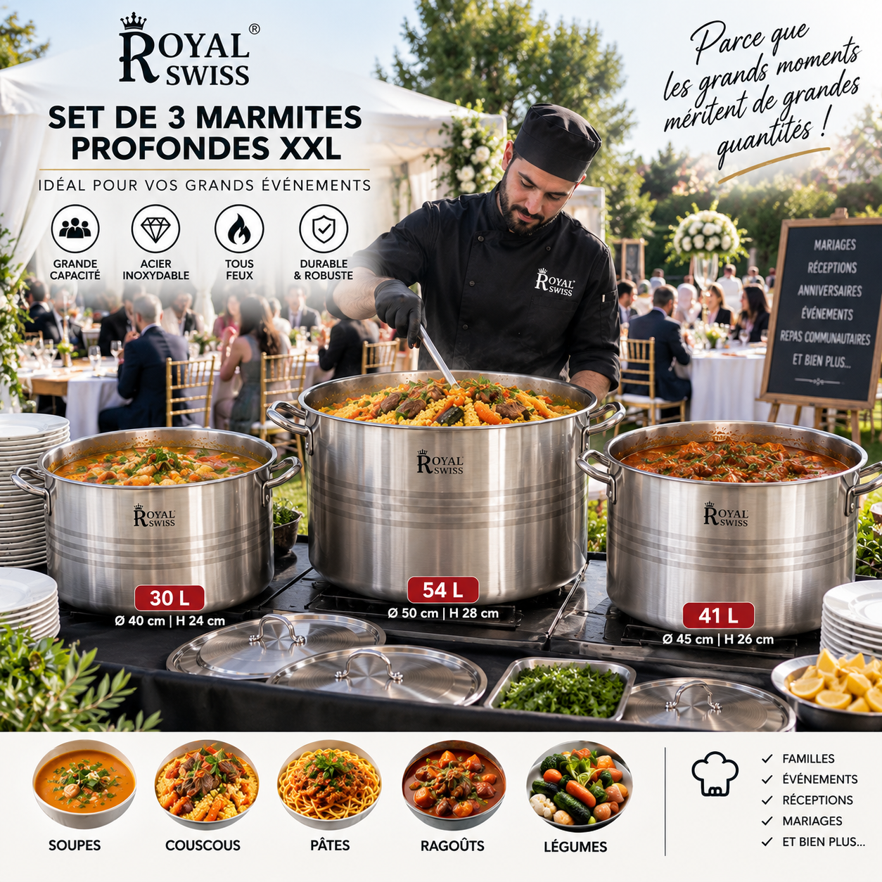 Royal Swiss® Set de 3 Marmites Profondes XXL en Inox – Deep Stock Pot – 30 L, 41 L & 54 L – Ø 40/45/50 cm – 6 Pièces – Tous Feux – Image 9