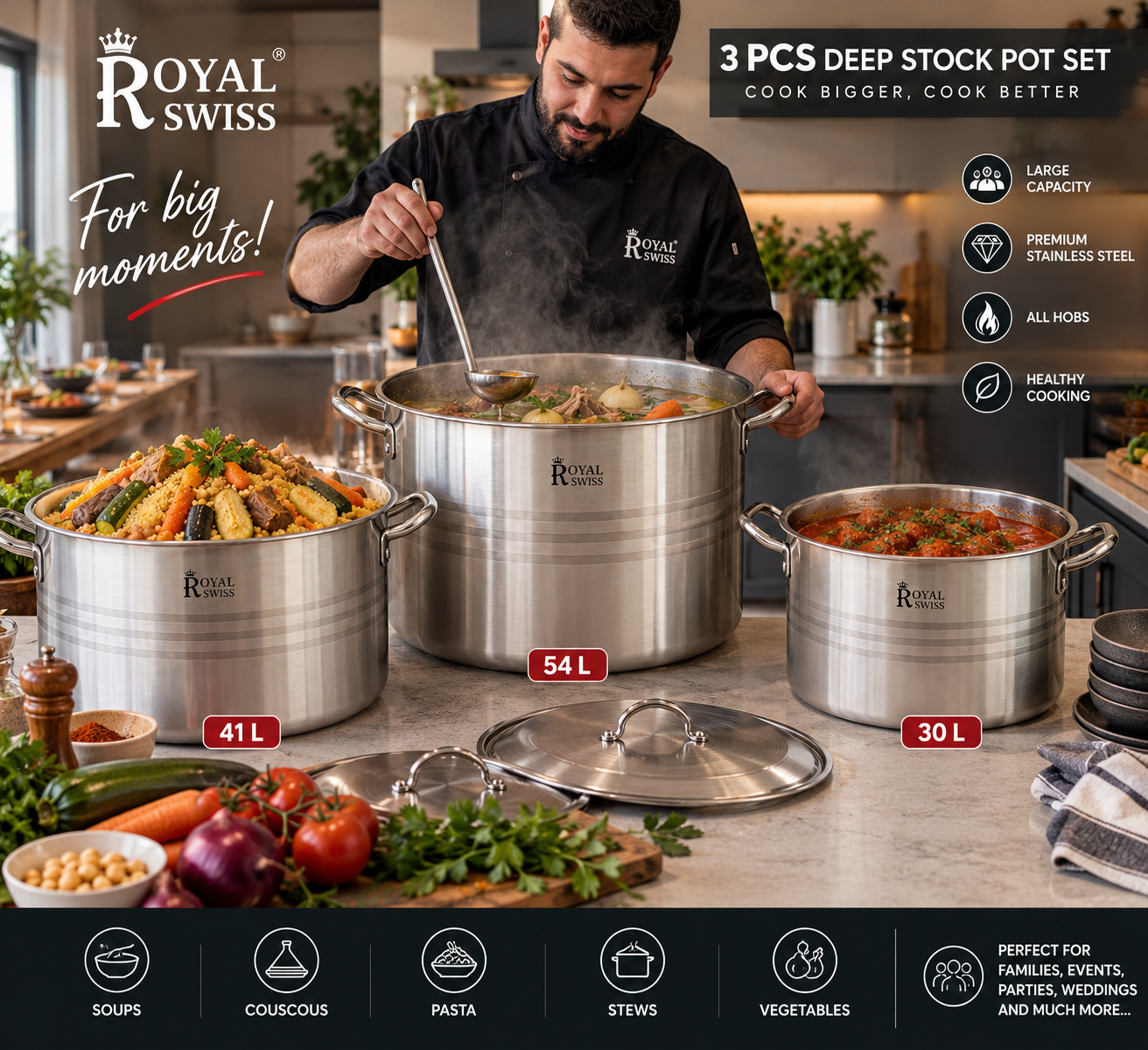 Royal Swiss® Set de 3 Marmites Profondes XXL en Inox – Deep Stock Pot – 30 L, 41 L & 54 L – Ø 40/45/50 cm – 6 Pièces – Tous Feux – Image 10