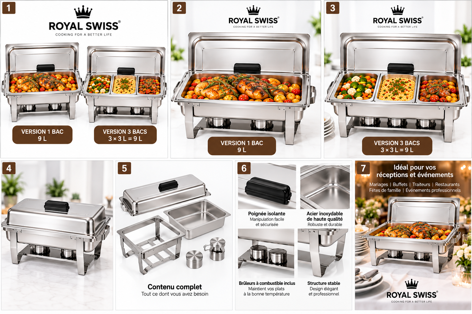 Royal Swiss® Buffet Chauffant 9L en Acier Inoxydable – Chafing Dish – 1 Bac 9L ou 3 Bacs 3L – Maintien au Chaud – Buffet & Traiteur – Image 10