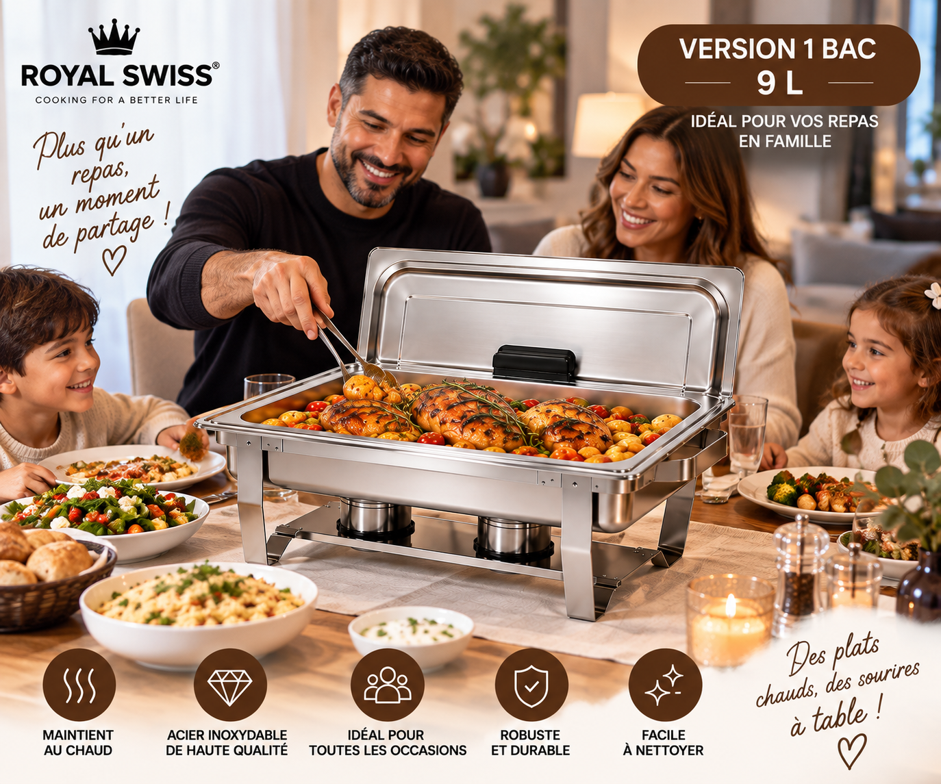 Royal Swiss® Buffet Chauffant 9L en Acier Inoxydable – Chafing Dish – 1 Bac 9L ou 3 Bacs 3L – Maintien au Chaud – Buffet & Traiteur – Image 12