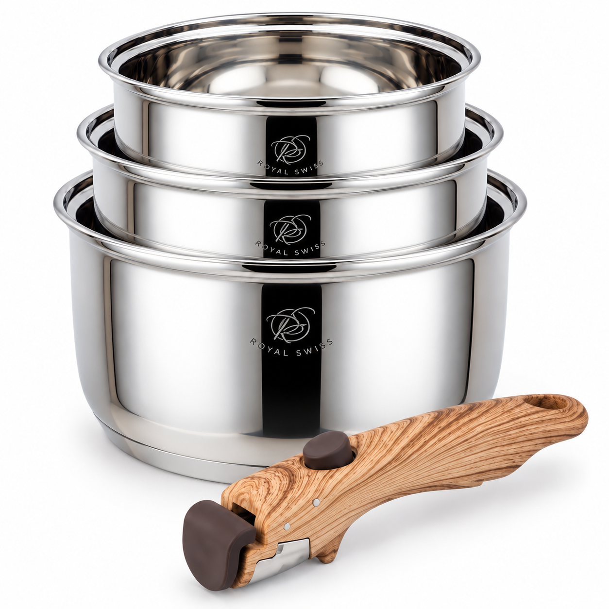 Royal Swiss® Set de 3 Casseroles Inox – Poignée Amovible, Empilables – Ø16/18/20 cm – Induction & Lave-vaisselle – Image 5