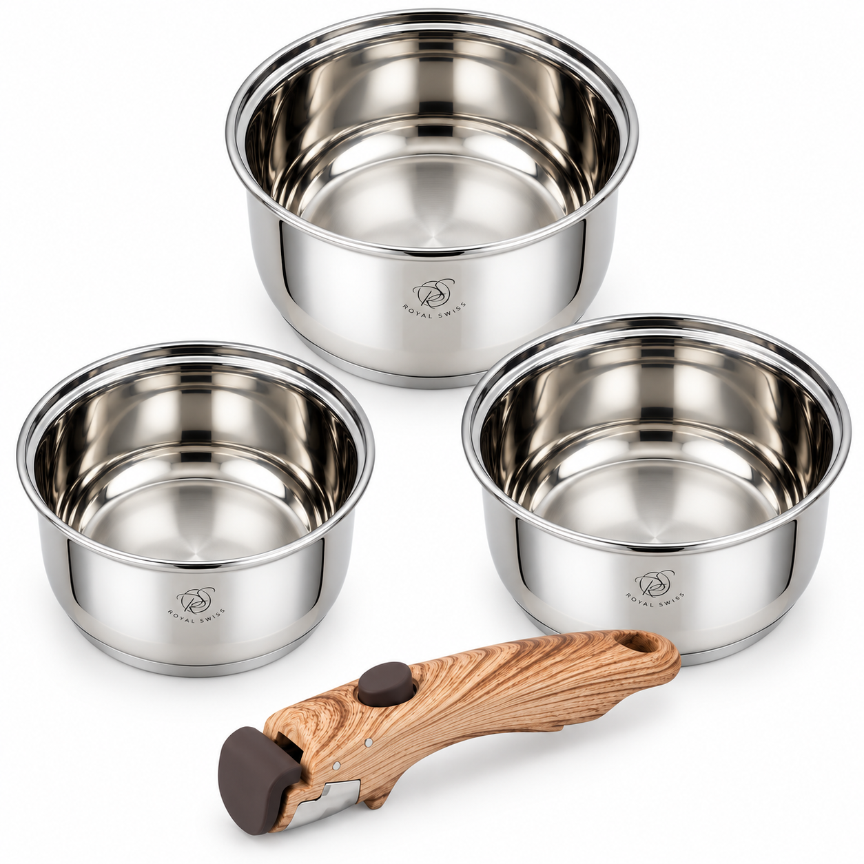 Royal Swiss® Set de 3 Casseroles Inox – Poignée Amovible, Empilables – Ø16/18/20 cm – Induction & Lave-vaisselle – Image 4