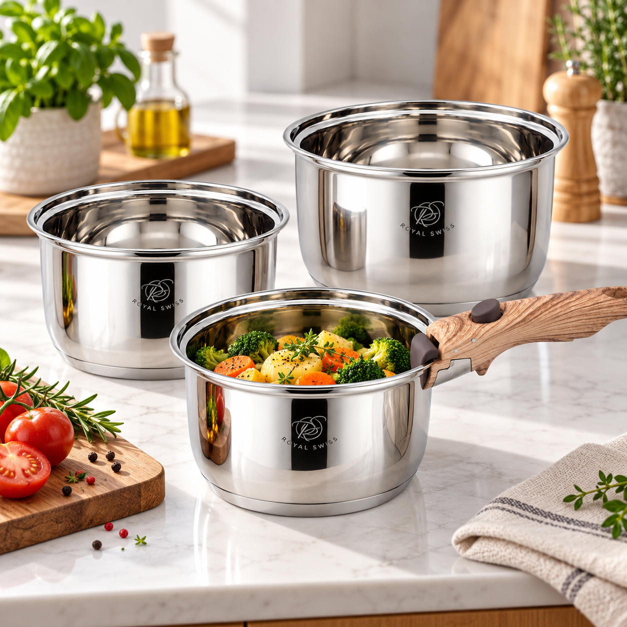 Royal Swiss® Set de 3 Casseroles Inox – Poignée Amovible, Empilables – Ø16/18/20 cm – Induction & Lave-vaisselle – Image 7