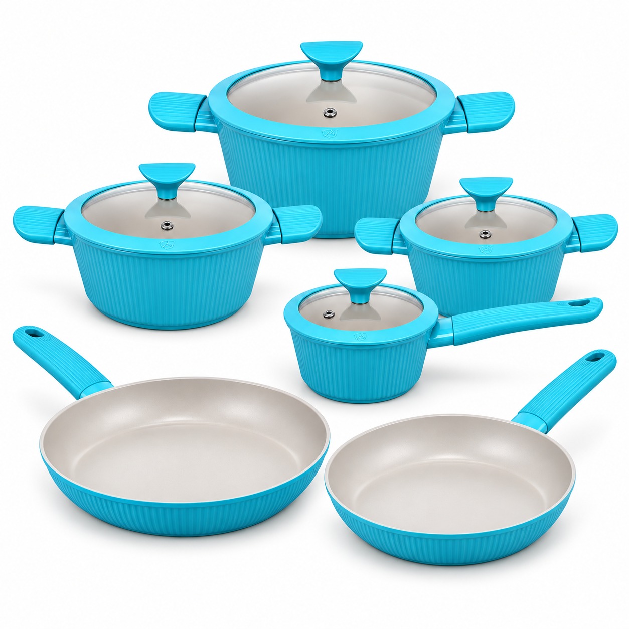 Batterie de cuisine bleue Royal Swiss 1 Batterie de cuisine bleue Royal Swiss 10 pièces antiadhésive avec couvercles en verre