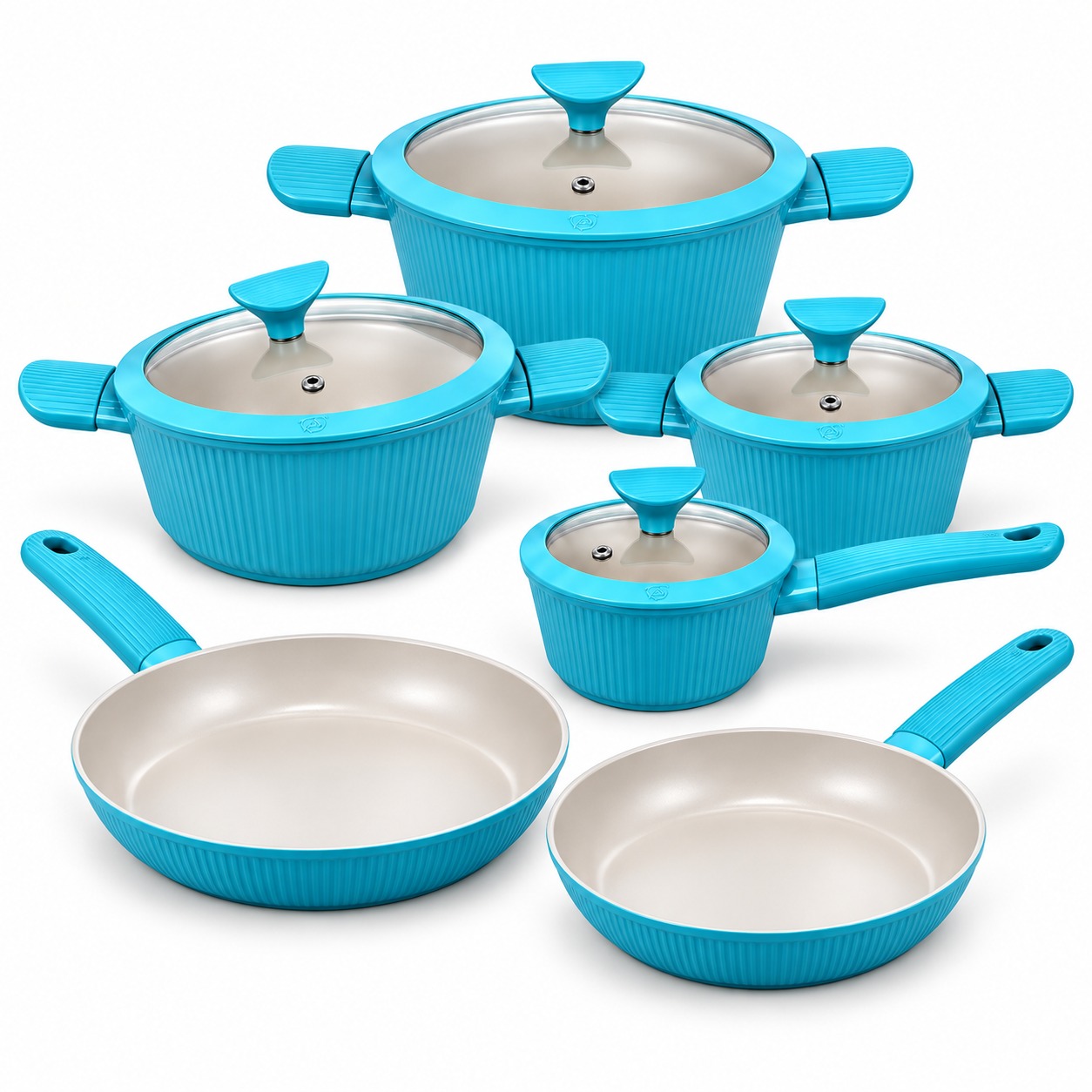 Batterie de cuisine bleue Royal Swiss avec poêles et casseroles