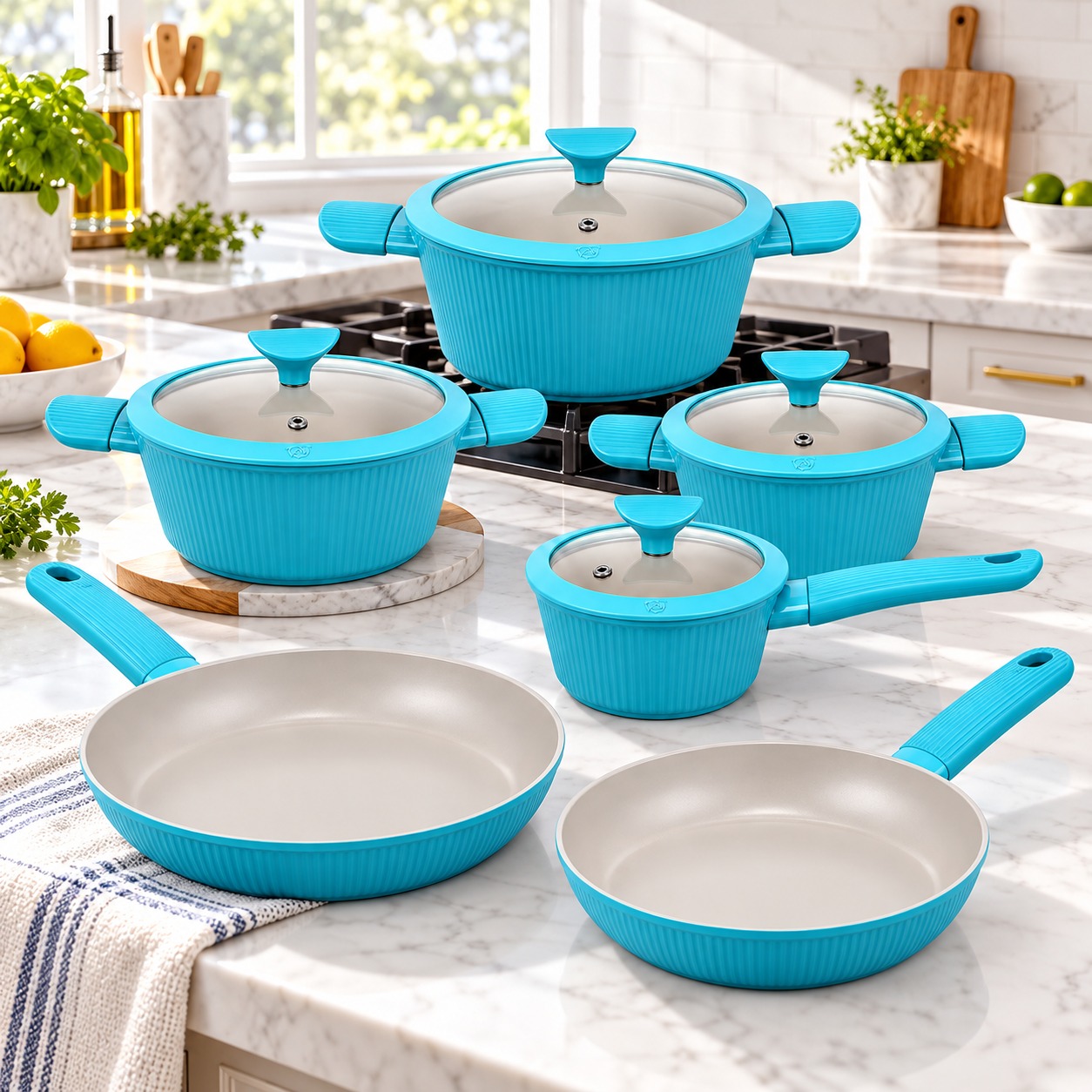 Batterie de cuisine bleue Royal Swiss sur plan de travail en marbre
