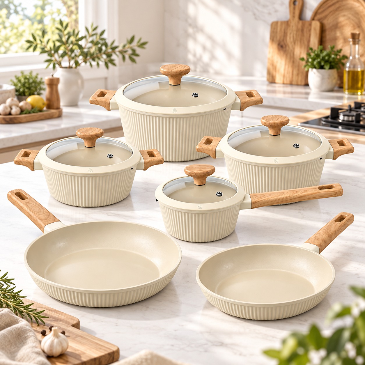 Batterie de cuisine beige Royal Swiss 10 pièces dans une cuisine