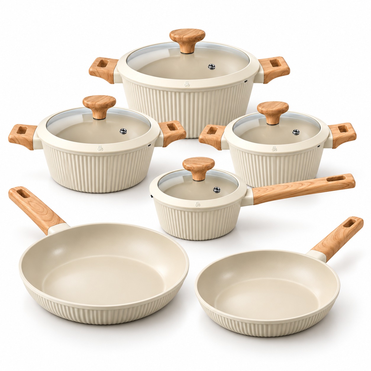 Batterie de cuisine beige Royal Swiss 2 Batterie de cuisine beige Royal Swiss antiadhésive avec couvercles en verre
