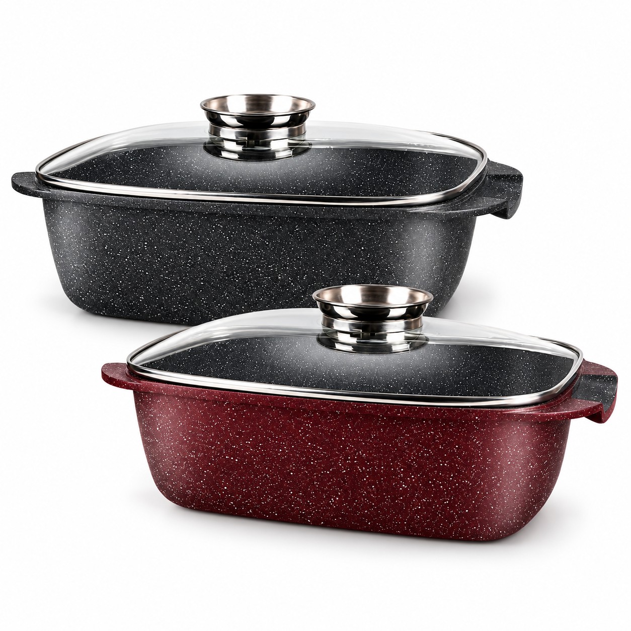 Braisières Royal Swiss noire et bordeaux – antiadhésive effet pierre, couvercle en verre