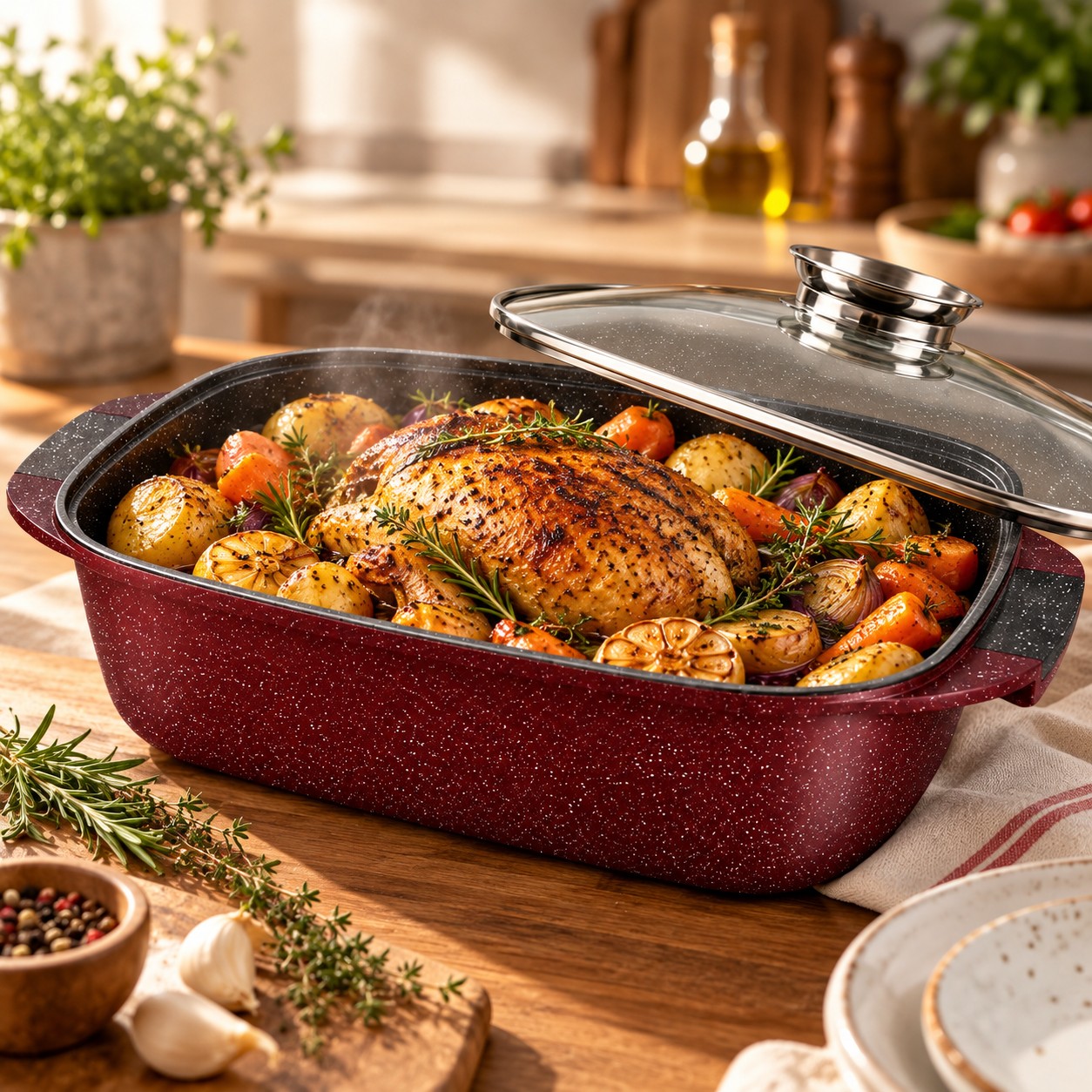 Braisière Royal Swiss bordeaux poulet rôti – antiadhésive effet pierre, couvercle en verre